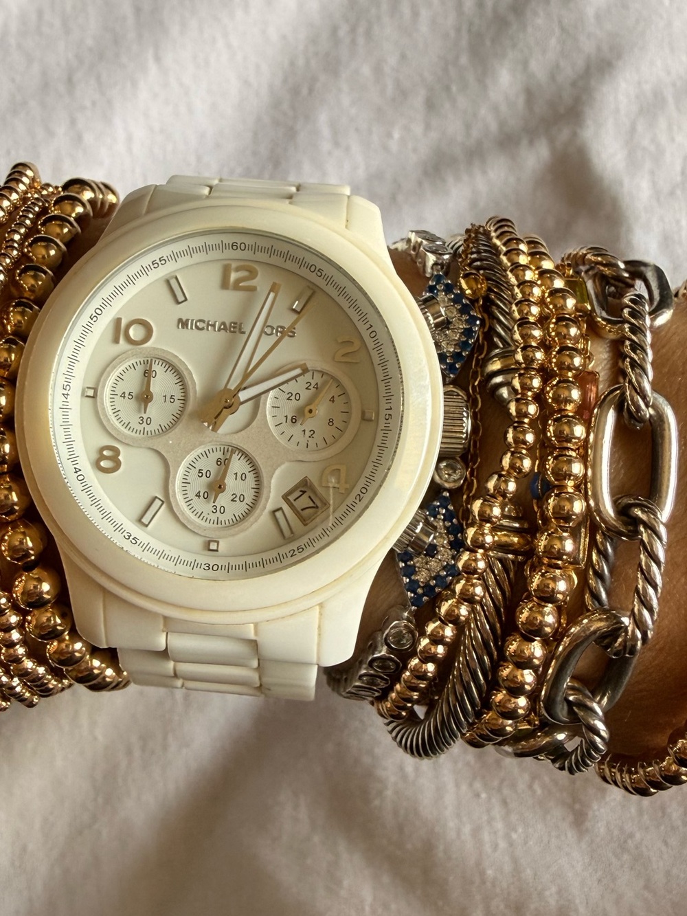 Michael Kors White Ceramic Chronograph with Gold Accent Bracelets